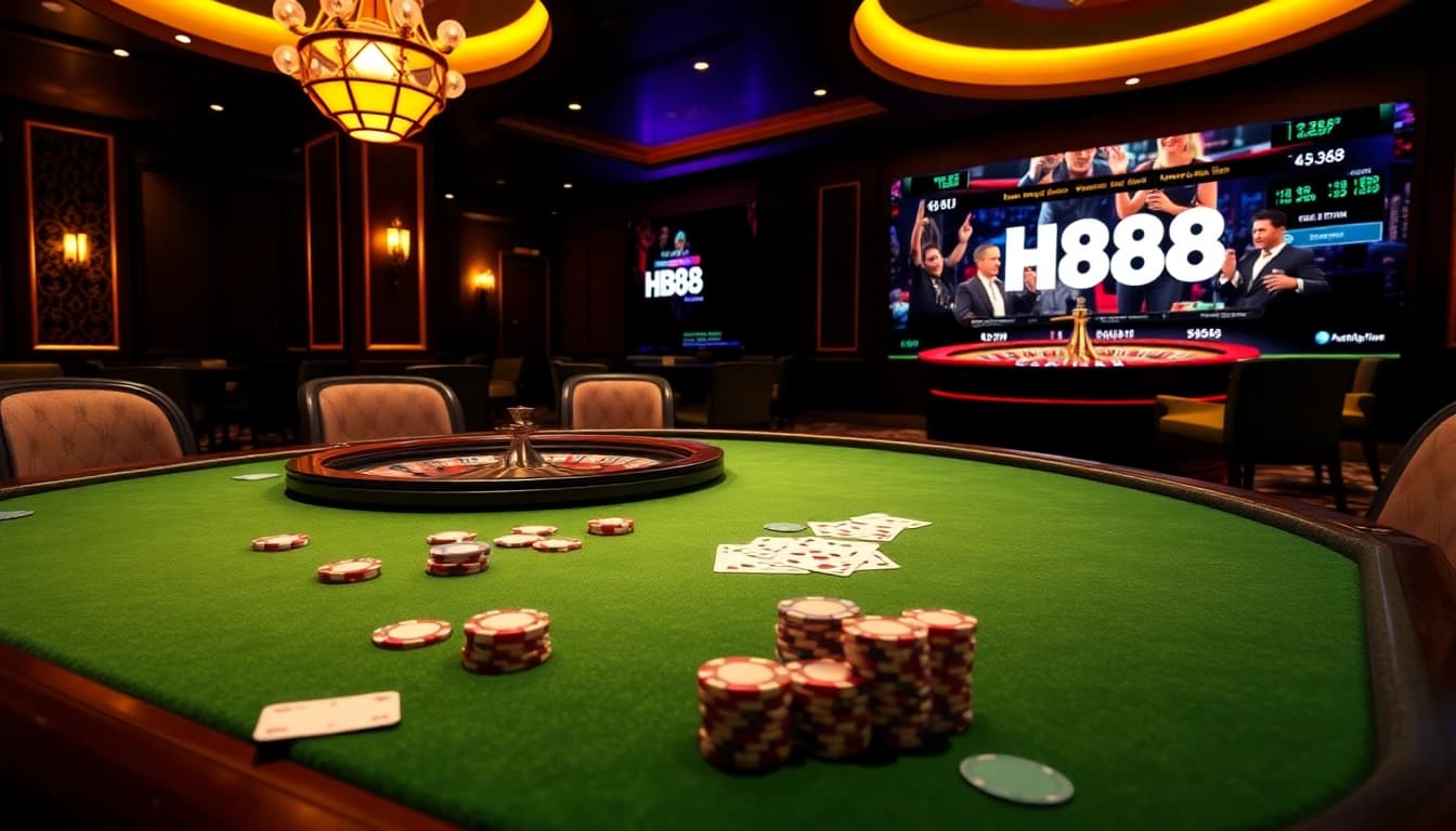 Exciting gambling scene showcasing HB88 poker tables and roulette wheels in a luxurious casino setting.