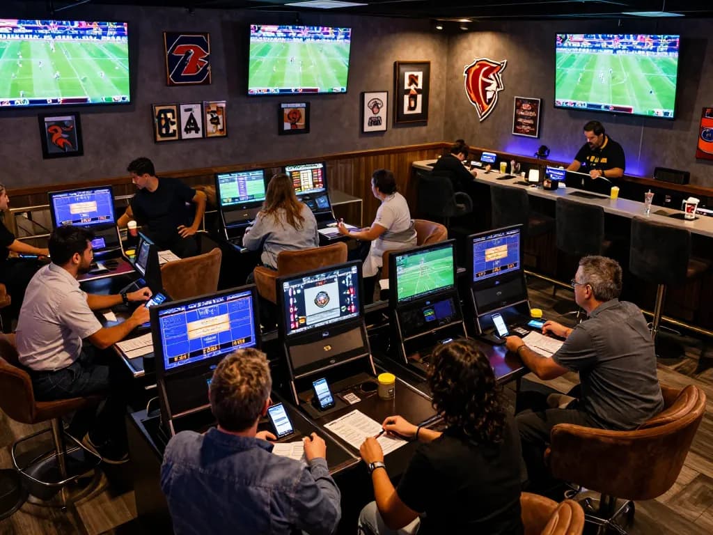 Patrons engaging in sports betting at TX88, with live game screens enhancing the excitement.