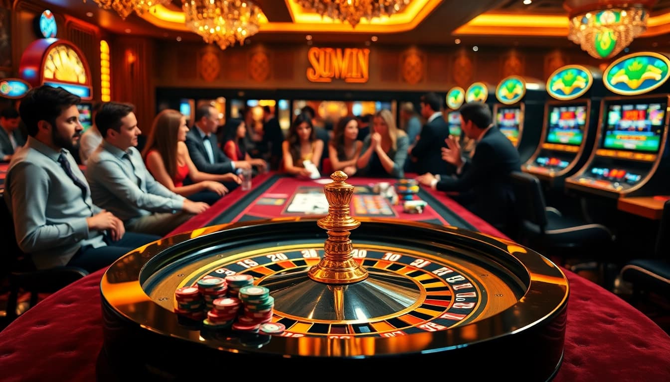 Exciting casino atmosphere with players at a roulette table, showcasing sunwin gaming elements.