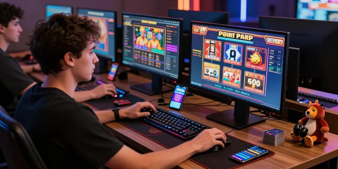 Engaged player enjoying exciting games at credit card casinos with colorful monitors and gaming setup.