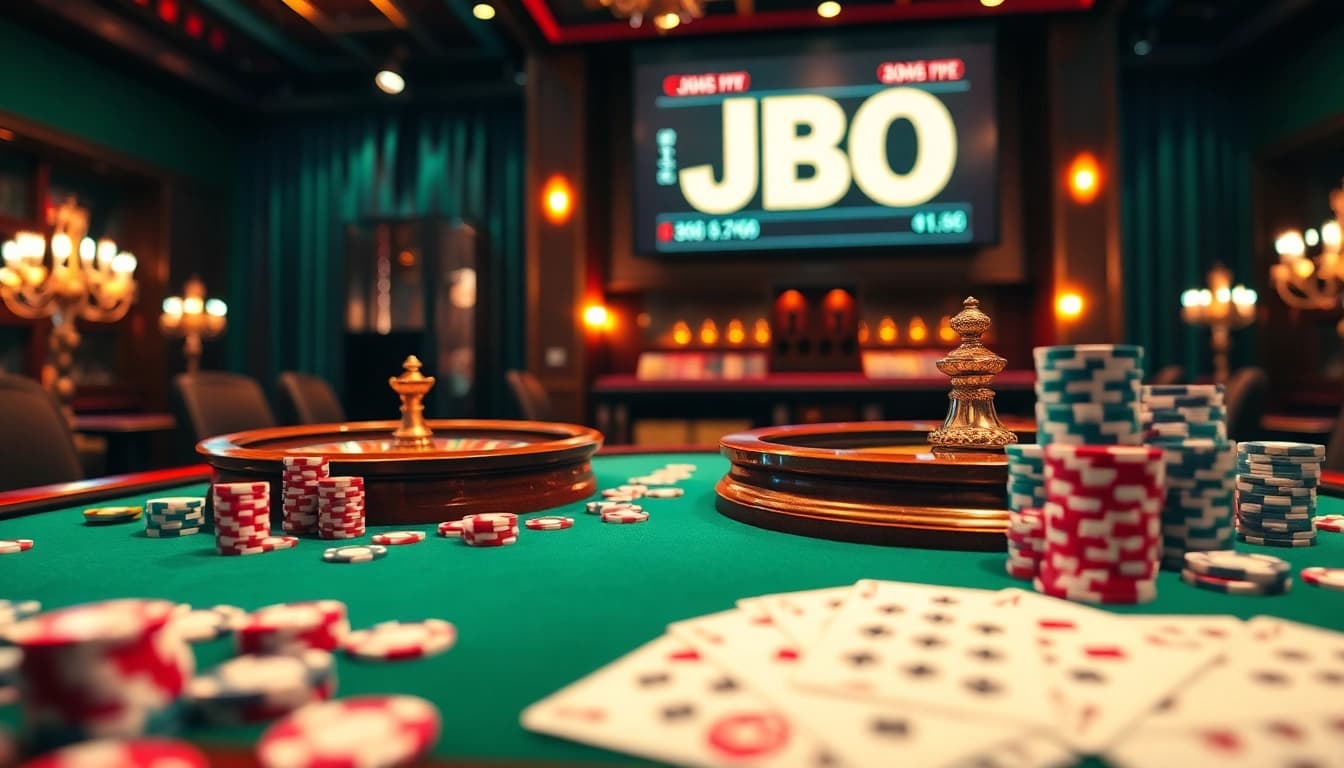 Experience the thrill of betting at JBO with a luxurious casino backdrop filled with cards and poker chips.