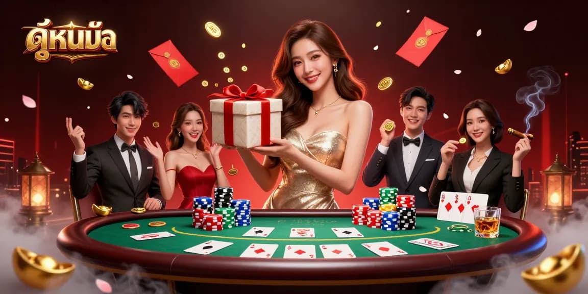 Play ดูหนังออนไลน์ on a vibrant casino-themed digital illustration featuring an Asian woman in a glamorous dress.