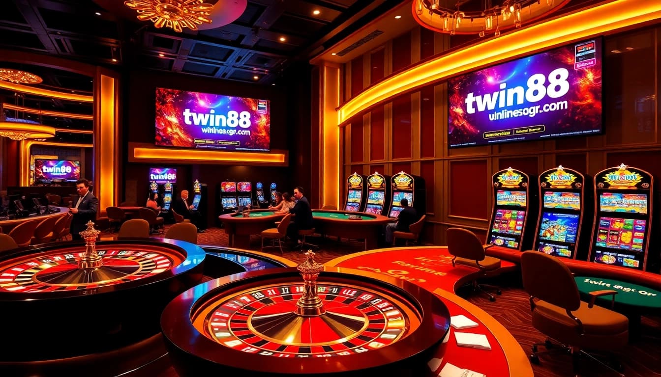 Engaging casino action scene showcasing https://twin68.gr.com/ with roulette, slots, and poker.