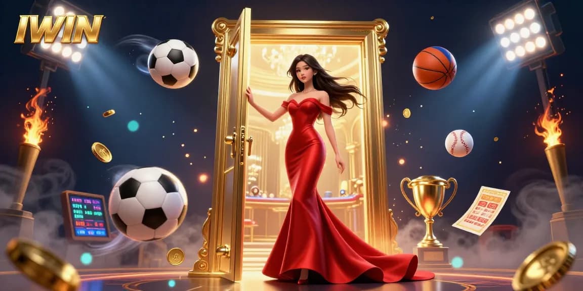 IWIN enhance your gaming experience with a stunning casino illustration featuring a glamorous VIP doorway, sports elements, and dynamic lighting effects.