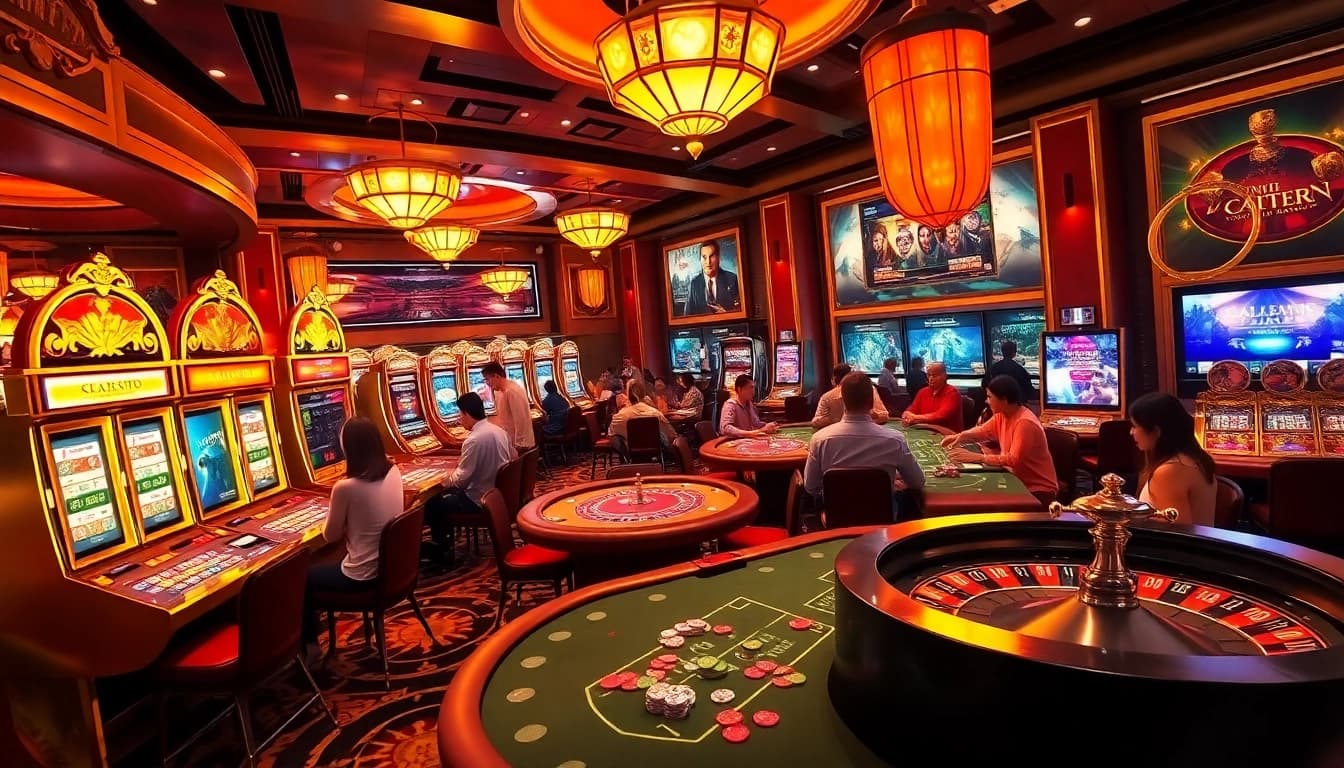 Players enjoying thrilling casino games while surrounded by vibrant elements related to phim mới.