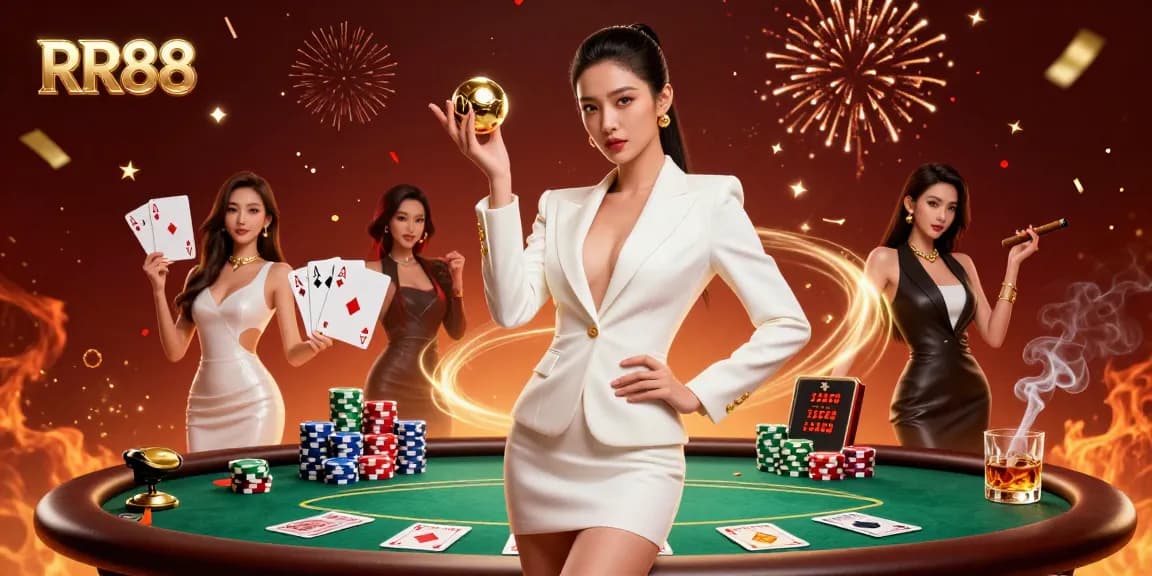 Experience the thrill at RR88 with a confident woman holding a golden roulette ball in a vibrant casino.