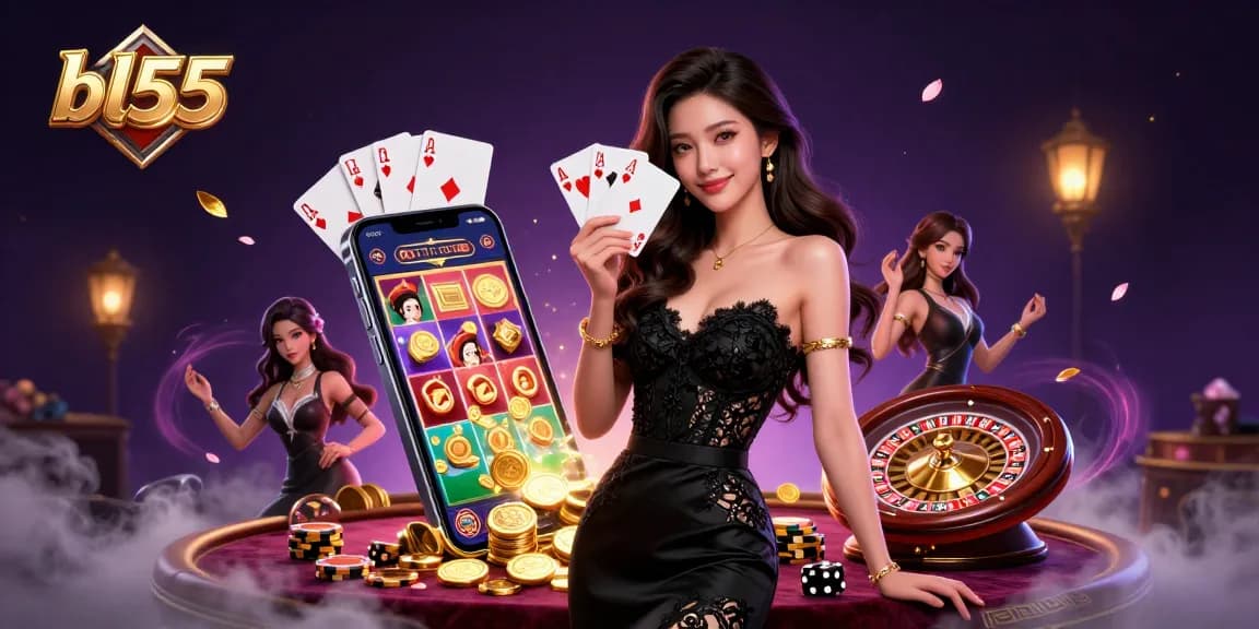 Experience bl55 excitement with a glamorous Asian woman holding playing cards in a vibrant casino scene.
