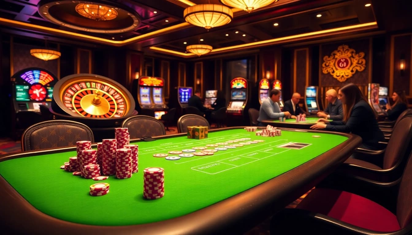 Players enjoying an exhilarating poker game at GOOD88 casino, surrounded by vibrant chips and a roulette wheel.