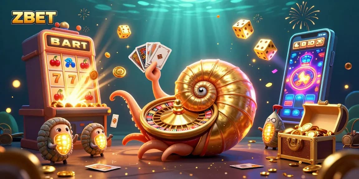 ZBET showcases a thrilling jackpot explosion with colorful casino elements and glowing nautilus for players.