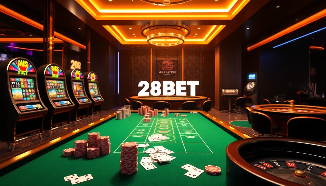 Experience the thrilling world of online gambling at 28BET with vibrant casino tables and exciting gaming visuals.