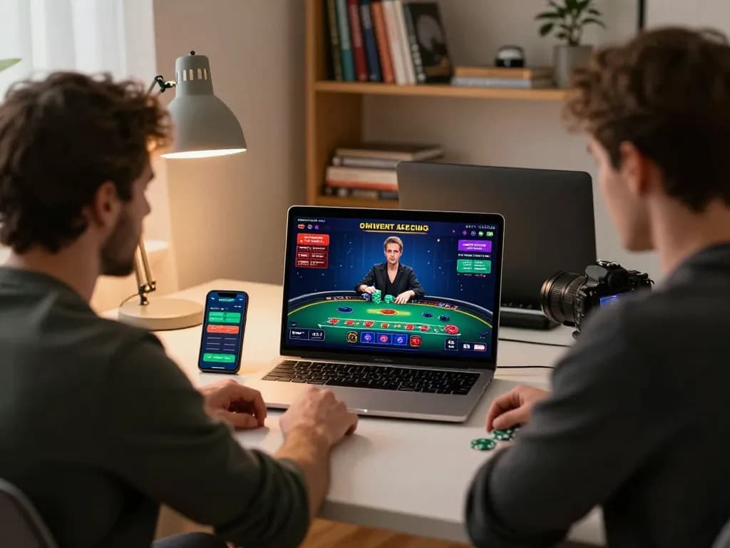 Player engaging in online blackjack at GK88 from a comfortable home office, showcasing a strategic gaming moment