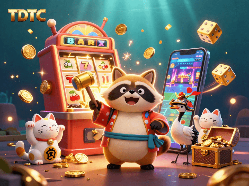 Experience TDTC's vibrant casino scene with cheerful tanuki and colorful symbols in a festive 3D illustration.