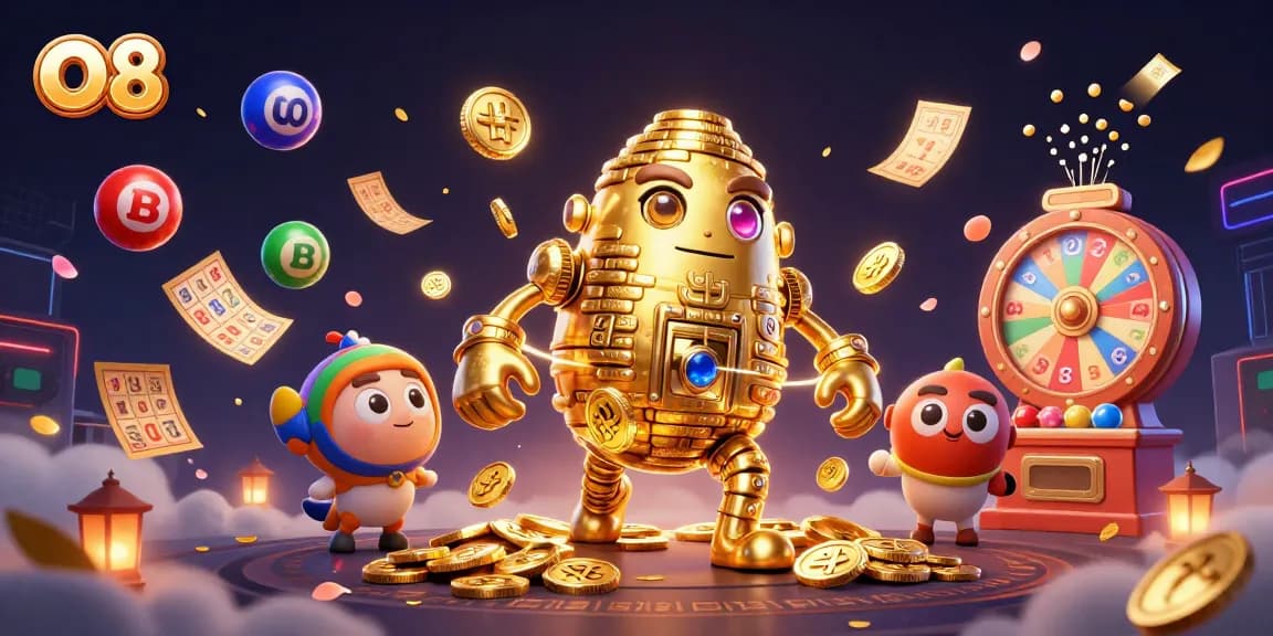 O8 offers a thrilling scene with a golden golem and vibrant game elements that capture the excitement of online gambling.