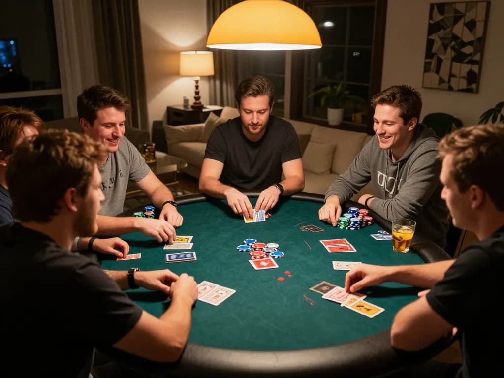 Friends enjoy a competitive game of Texas Hold'em during a home poker night, highlighting the excitement of uu88.