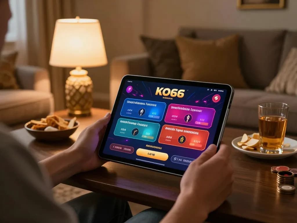 Player using KO66 app on tablet, showcasing vibrant online casino experience