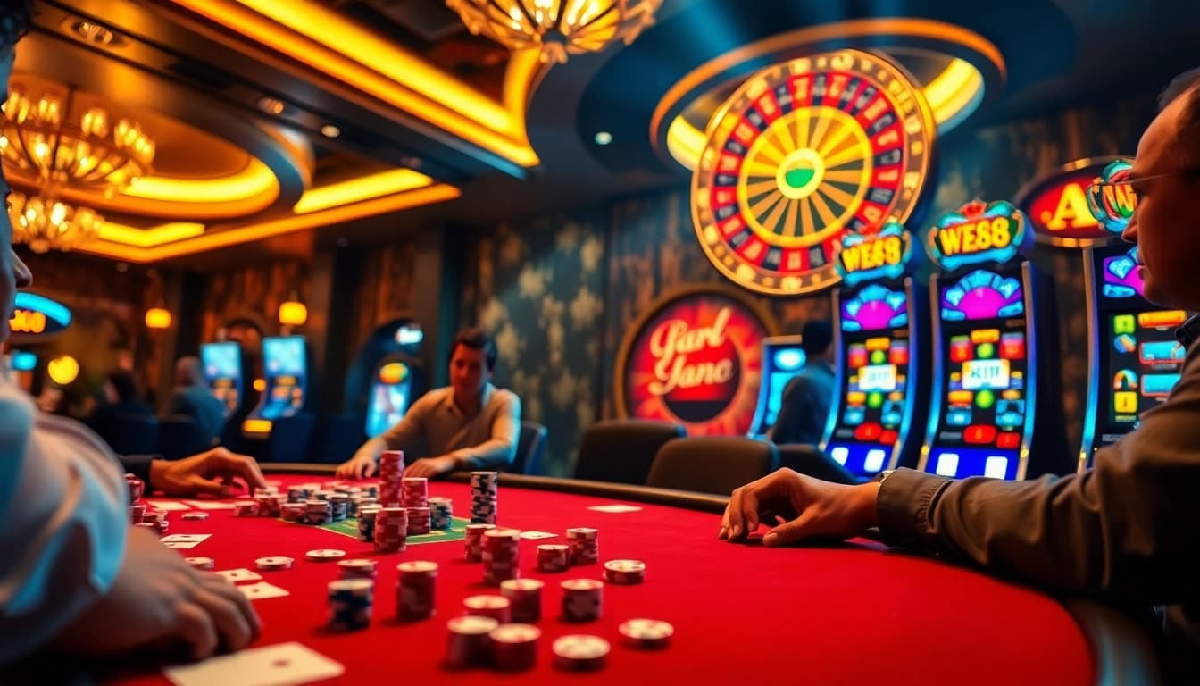 Engaged players enjoying poker at WE88 casino, showcasing excitement and luxury in games.
