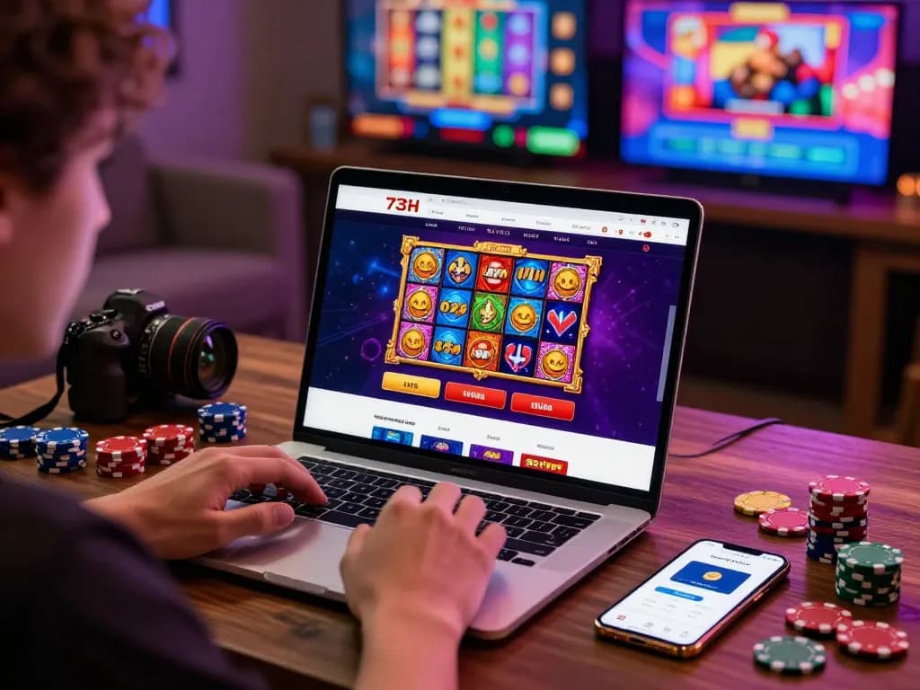 73H online gambling platform showcasing exciting gaming elements and user engagement in a vibrant home setting.
