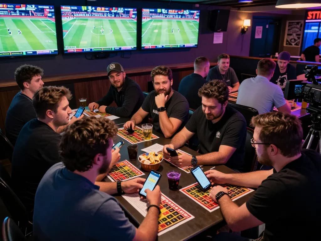 Bet on rr88 with friends at an exciting sports betting venue, vibrant screens lighting up the atmosphere.