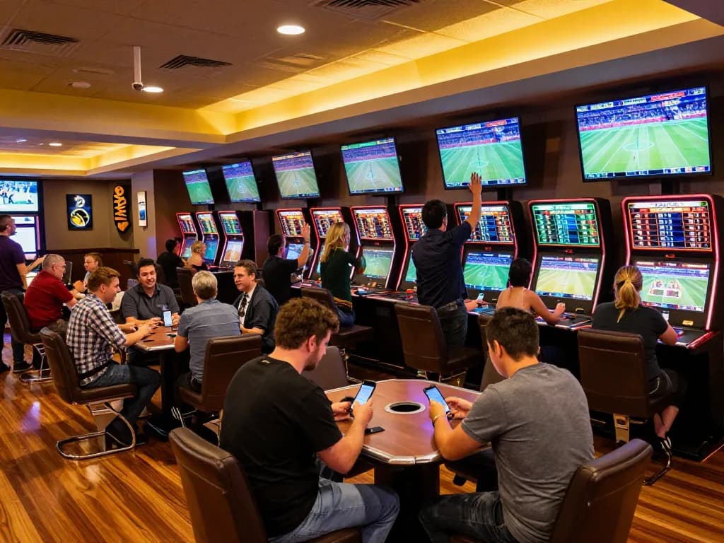 Engaging bettors in action at 88club sports betting area, lively atmosphere with screens showing live events.