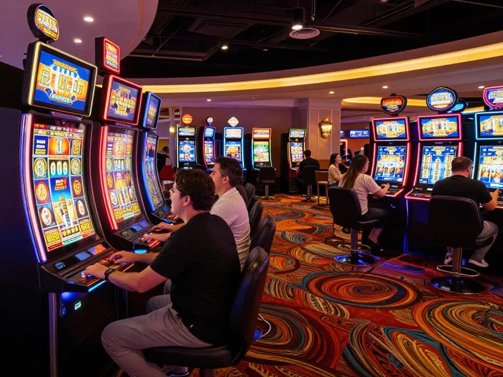 Players enjoying the excitement at 789WIN slot machines with bright neon lights and engaging atmosphere