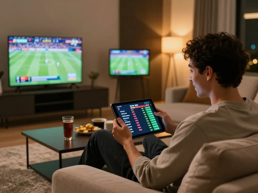Engage in live sports betting on Onbet with a stylish home setup, showcasing screens and tablet.