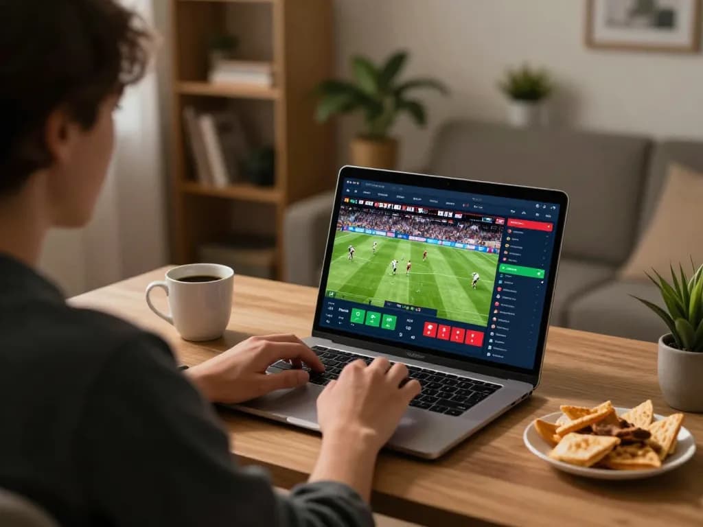 Engaging in sports betting on cacuocbongda with a laptop, showcasing live football and betting interface.