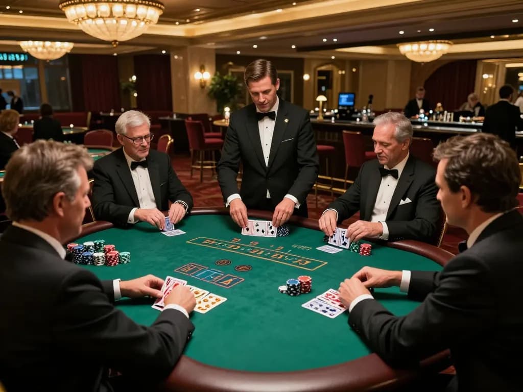 Players at SC88 engage in a thrilling blackjack game, showcasing strategy and focus at the luxurious casino table.