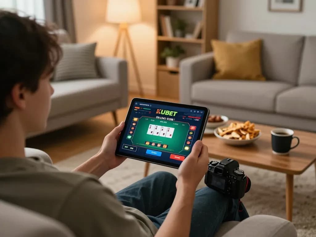 Engaging home online gaming experience featuring KUBET on a tablet with snacks around.