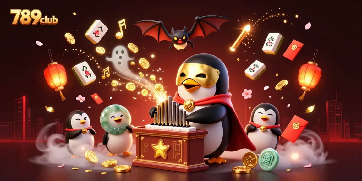 Experience the thrilling world of 789club as a cartoon penguin plays a golden coin organ while festive elements surround.