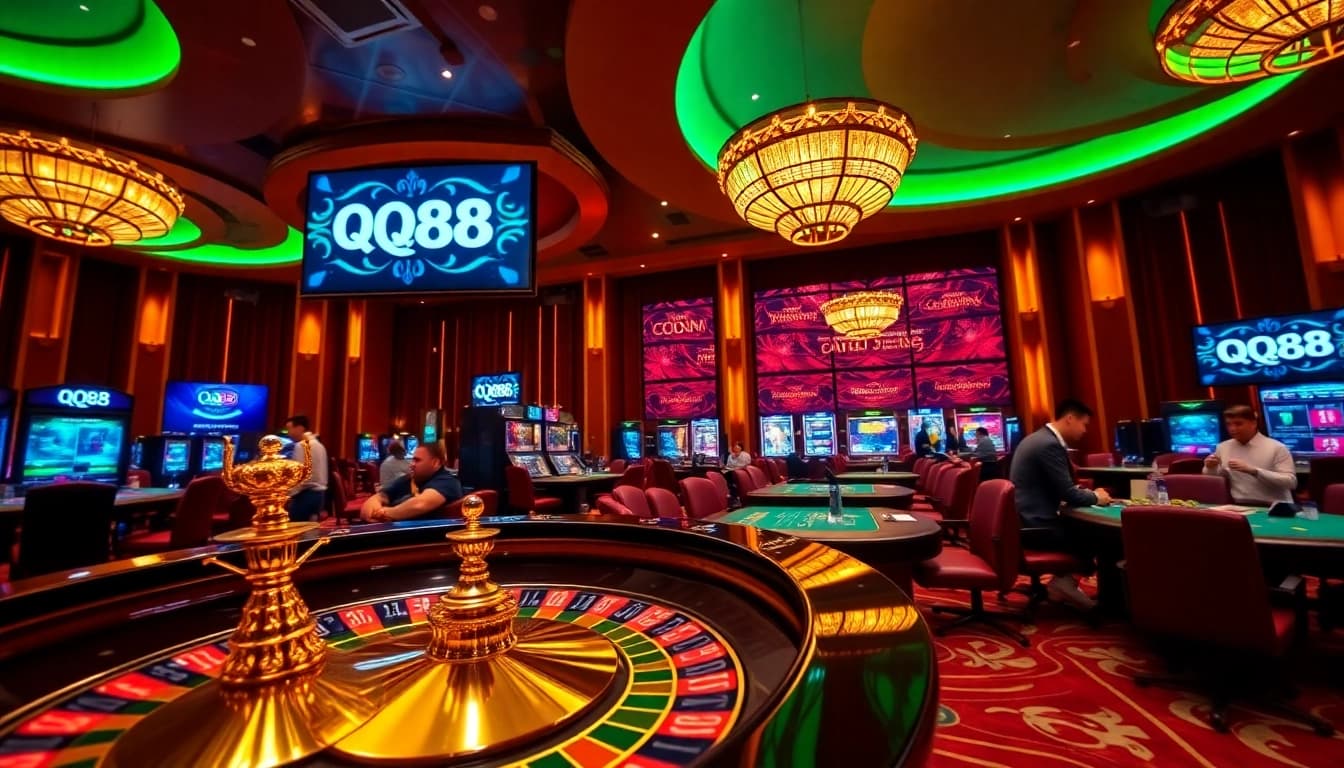 Engage with thrilling gameplay at QQ88's luxurious casino environment featuring roulette and poker chips.