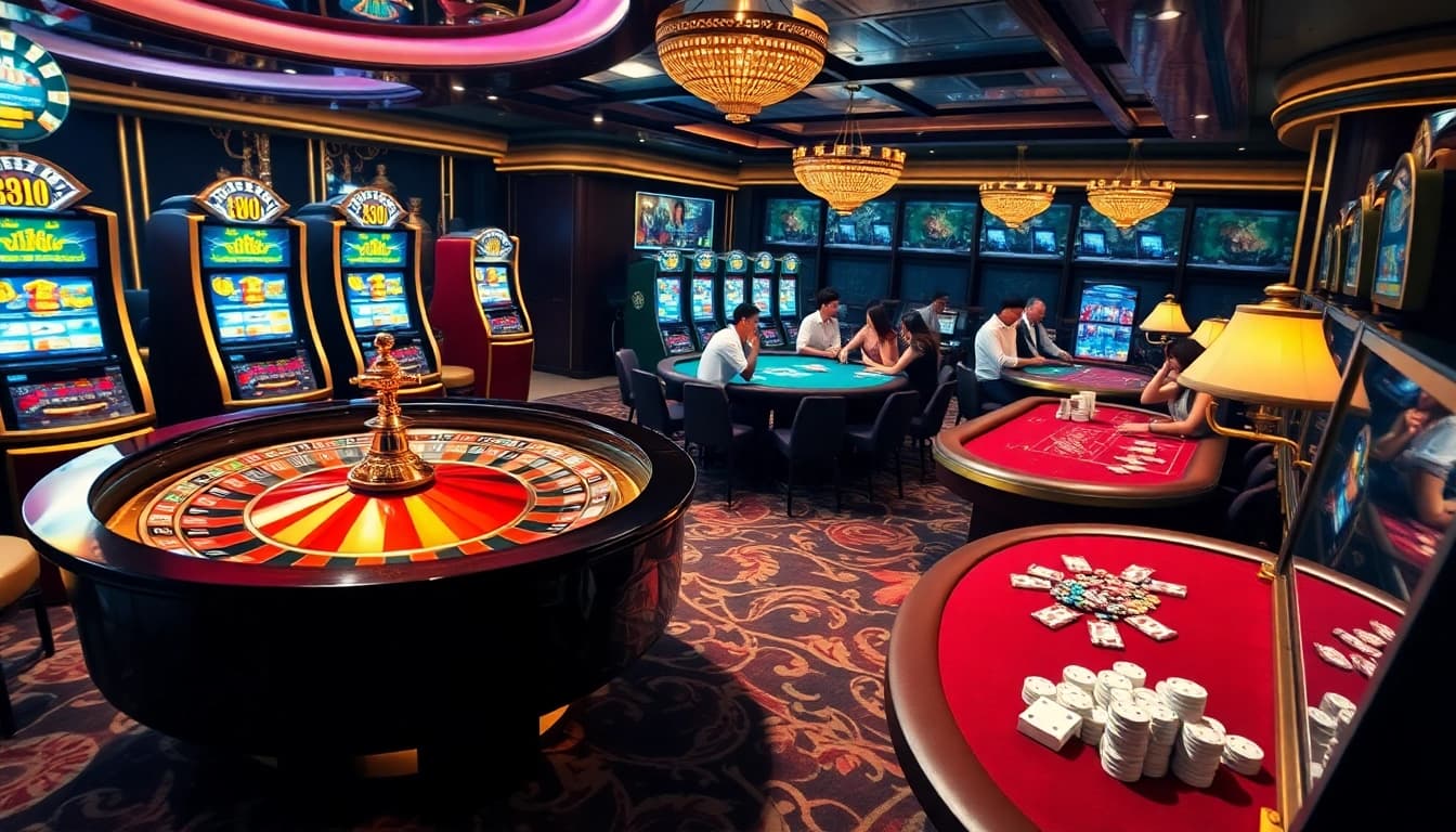 Experience the excitement of iq88 in a luxurious casino environment with vibrant slot machines and roulette.