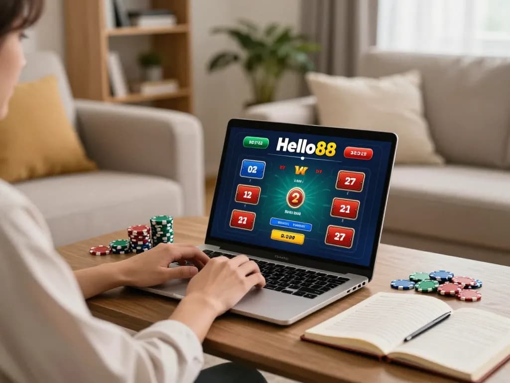 Engaging with Hello88 poker games while relaxing on a sofa, chips and strategies at hand.