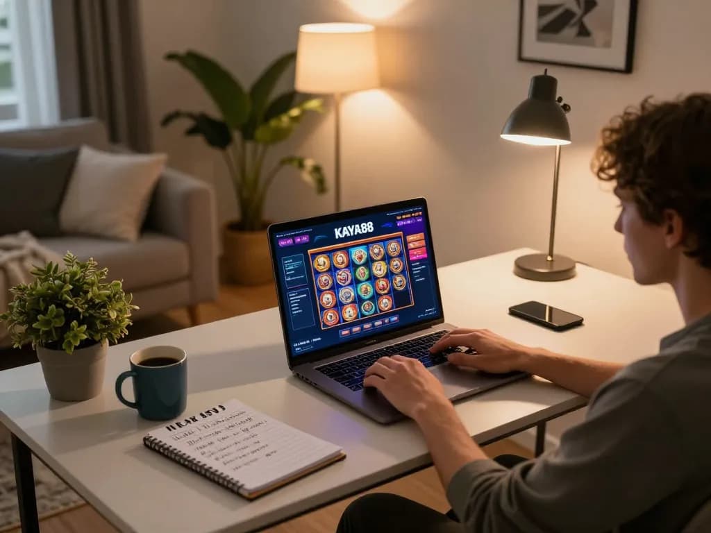 KAYA88 player engaging with online casino on laptop in a cozy home setting