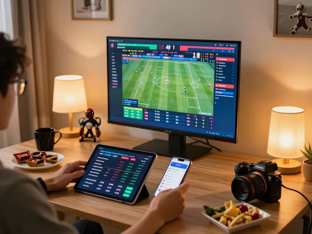 Engaged sports bettor using bongdallu on multiple devices for live odds and predictions.