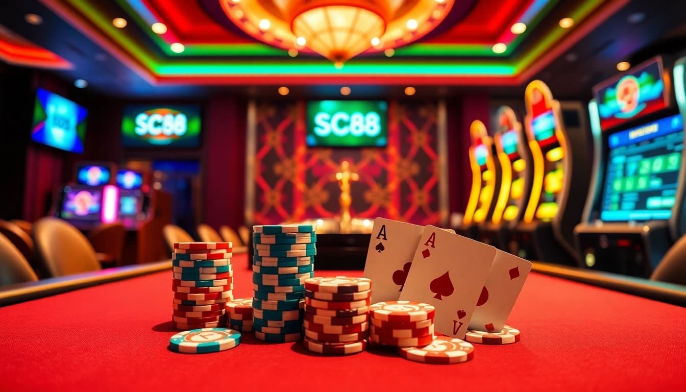 Engaging gaming experience highlighting Nền tảng SC88 with casino elements like roulette tables and poker chips.