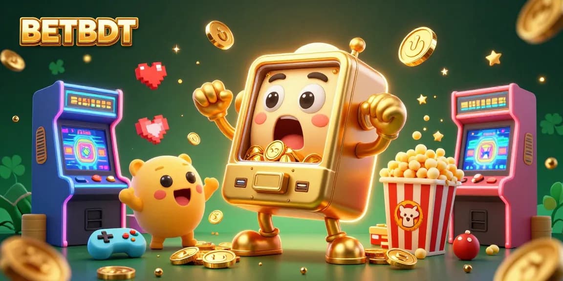Experience the thrill of BETBDT with a golden slot machine hitting the jackpot amidst vibrant casino visuals.