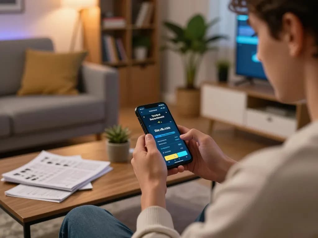 Tỷ lệ kèo nhà cái displayed on smartphone, showcasing player concentration in lively home setting
