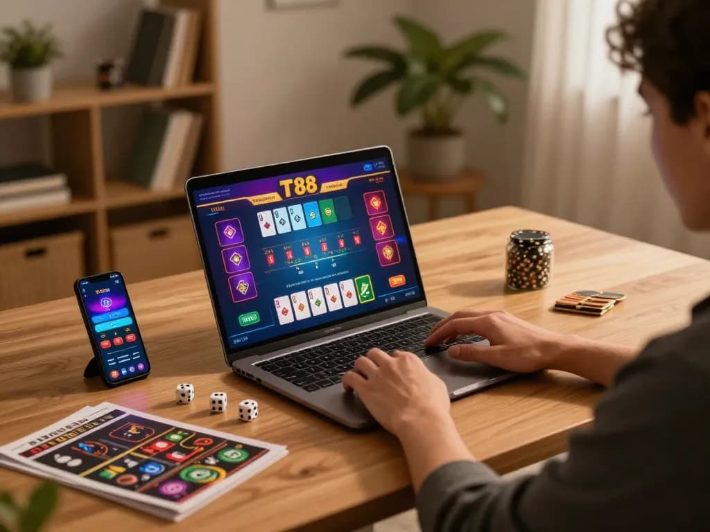 Engaged player using laptop for TT88 online poker game with stylish home setup.