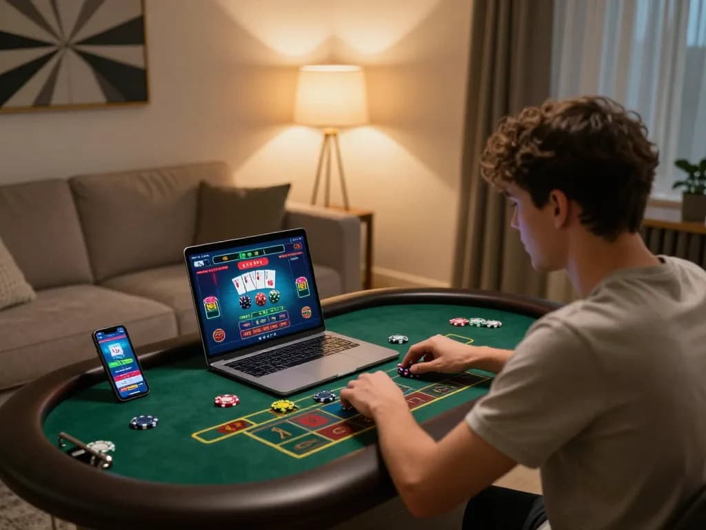 DOLA789 user engages in live casino betting on laptop in a cozy home setting