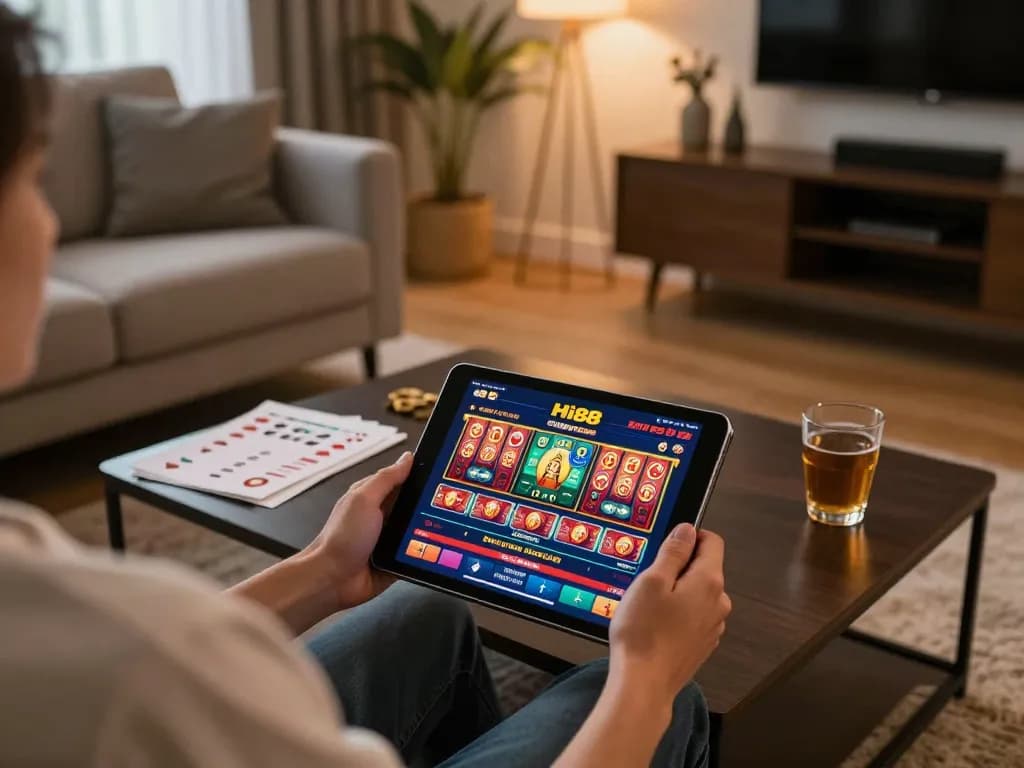 Tải app Hi88 on a tablet during a cozy home gaming session with vibrant games displayed.