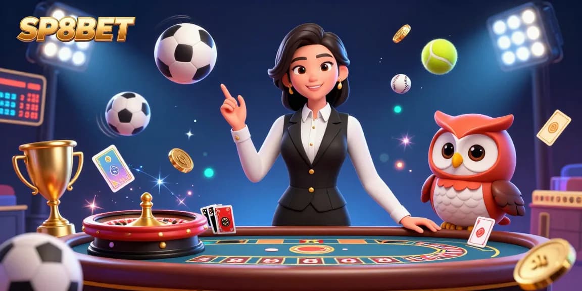 Experience excitement at SP8BET with an engaging online casino illustration showcasing dealers, games, and vibrant elements.