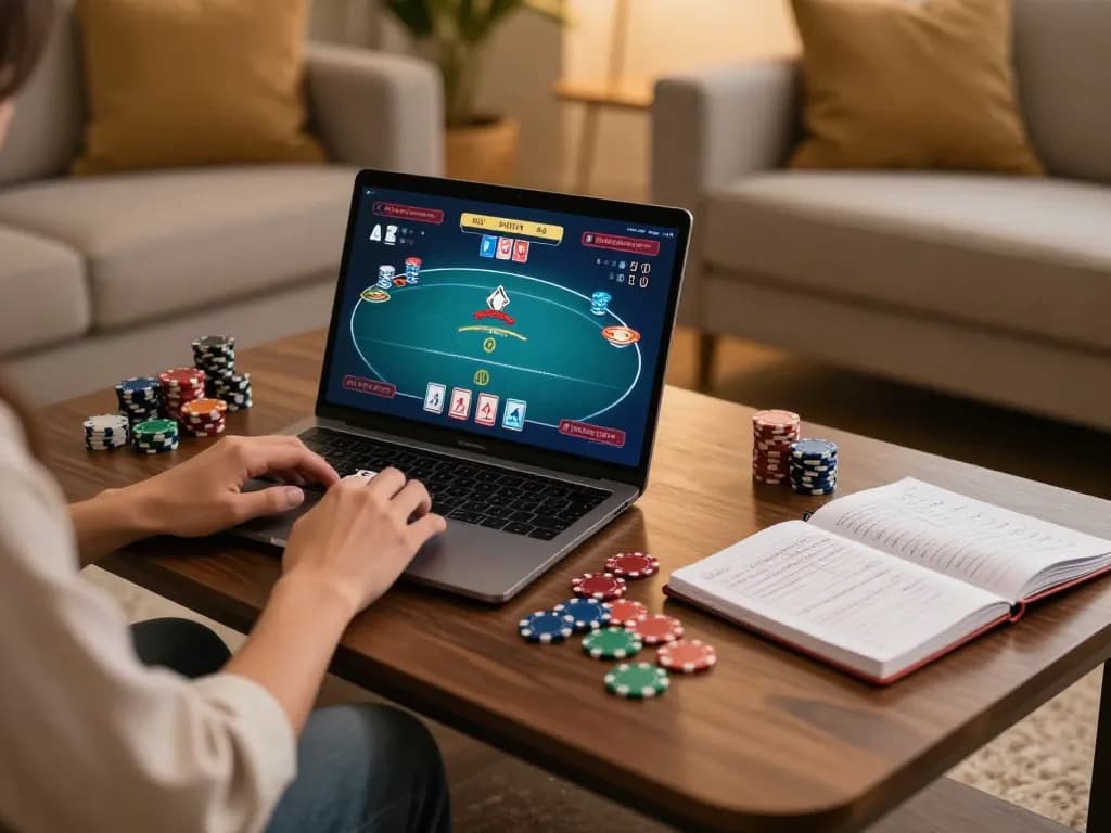 Player enjoying online poker at home with 789Win, analyzing betting strategies in cozy setting.