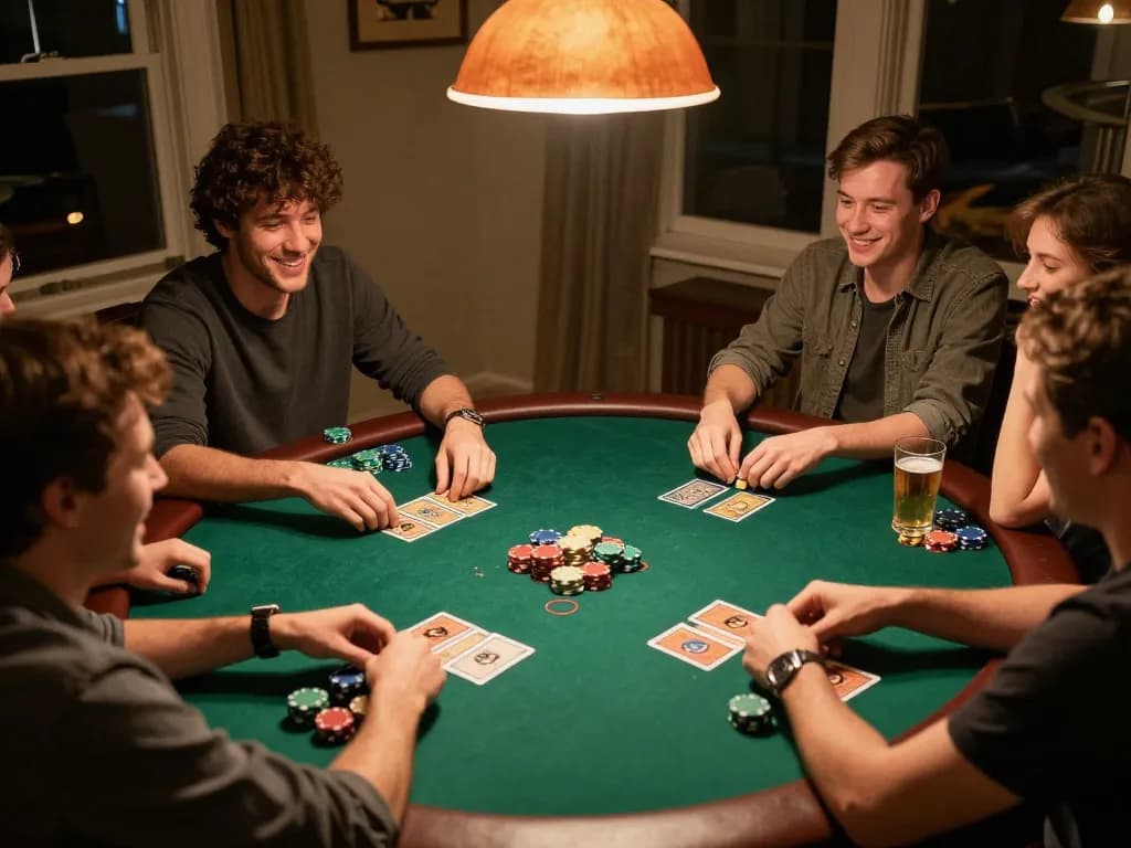 Friends enjoying a poker game night while playing go99, showcasing chips and cards in action.