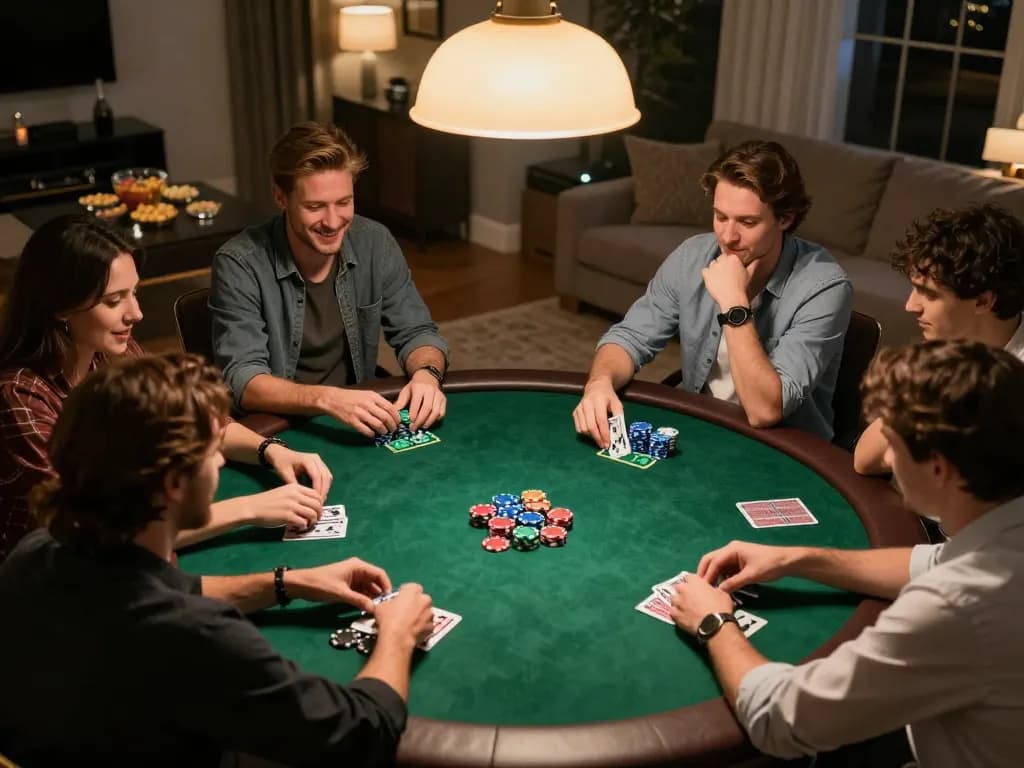 Dabet players enjoying an exciting home poker game night with vibrant chips and cards.