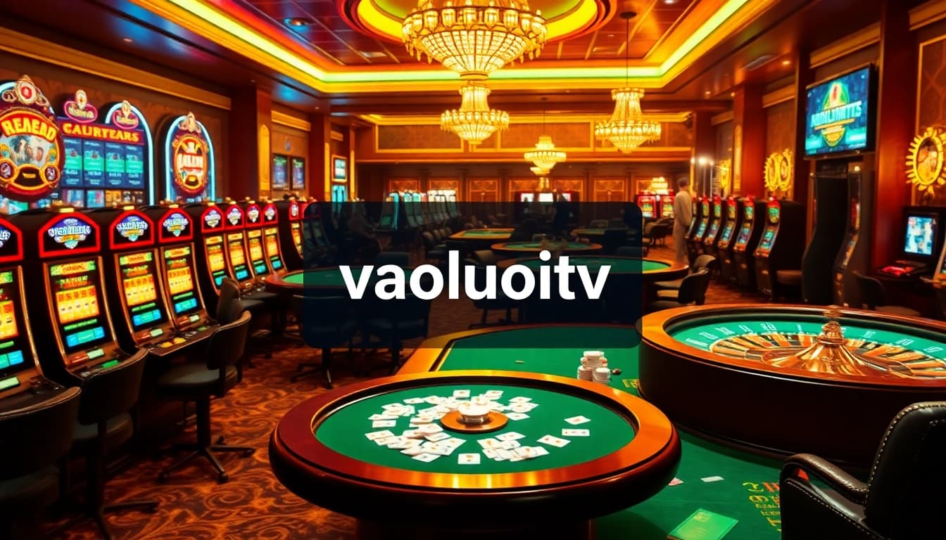 Experience the thrill of vaoluoitv as patrons engage at poker tables, surrounded by luxurious casino elements.