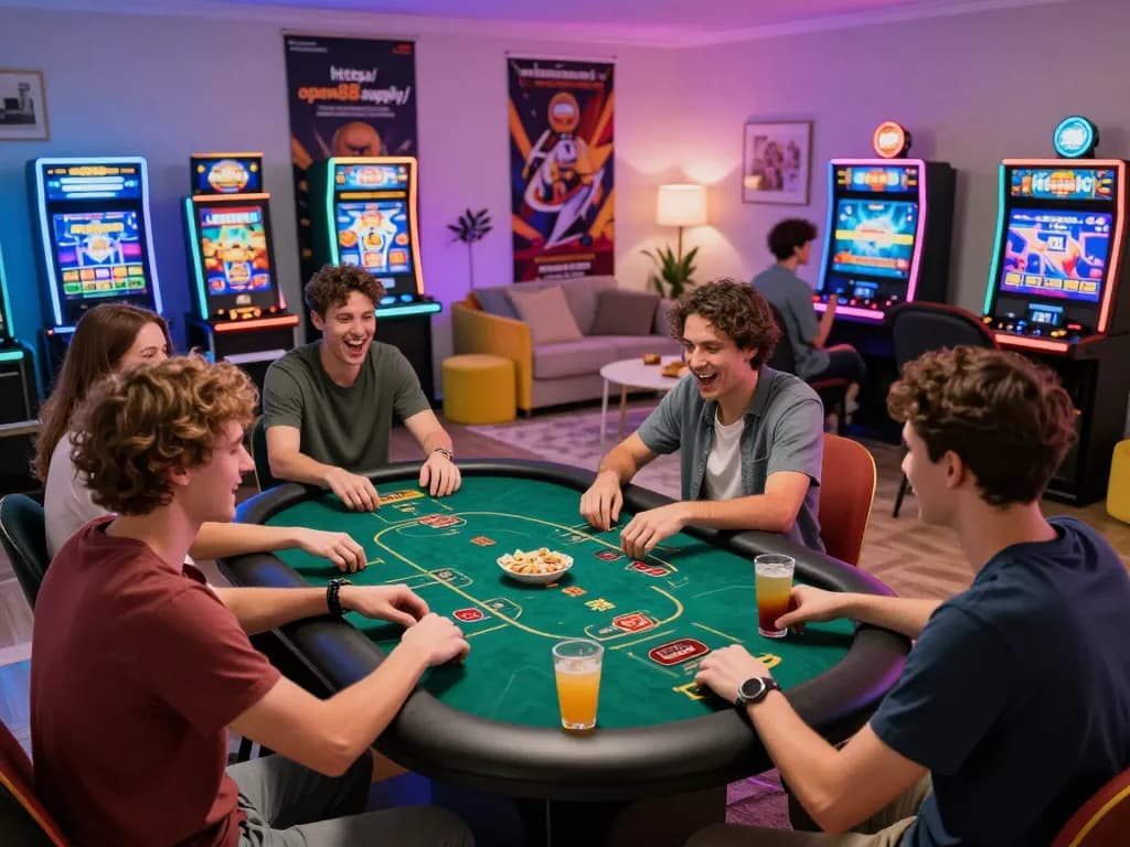 Friends enjoying casino gaming at home with promotions from https://open88.supply/ in a vibrant setting