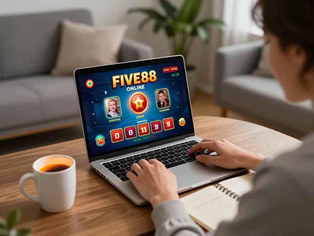 Experience the excitement of Five88 with online gaming at home, showcasing an engaging laptop setup.