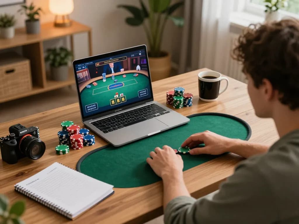 Enjoying online poker strategy at https://mm88.fun/ with vibrant chips and cozy atmosphere.