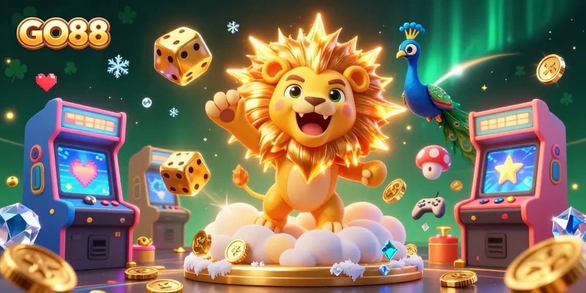 Enter the vibrant world of GO88 with a stunning illustrated scene featuring a cartoon sun lion, colorful gaming elements, and a dazzling casino theme.