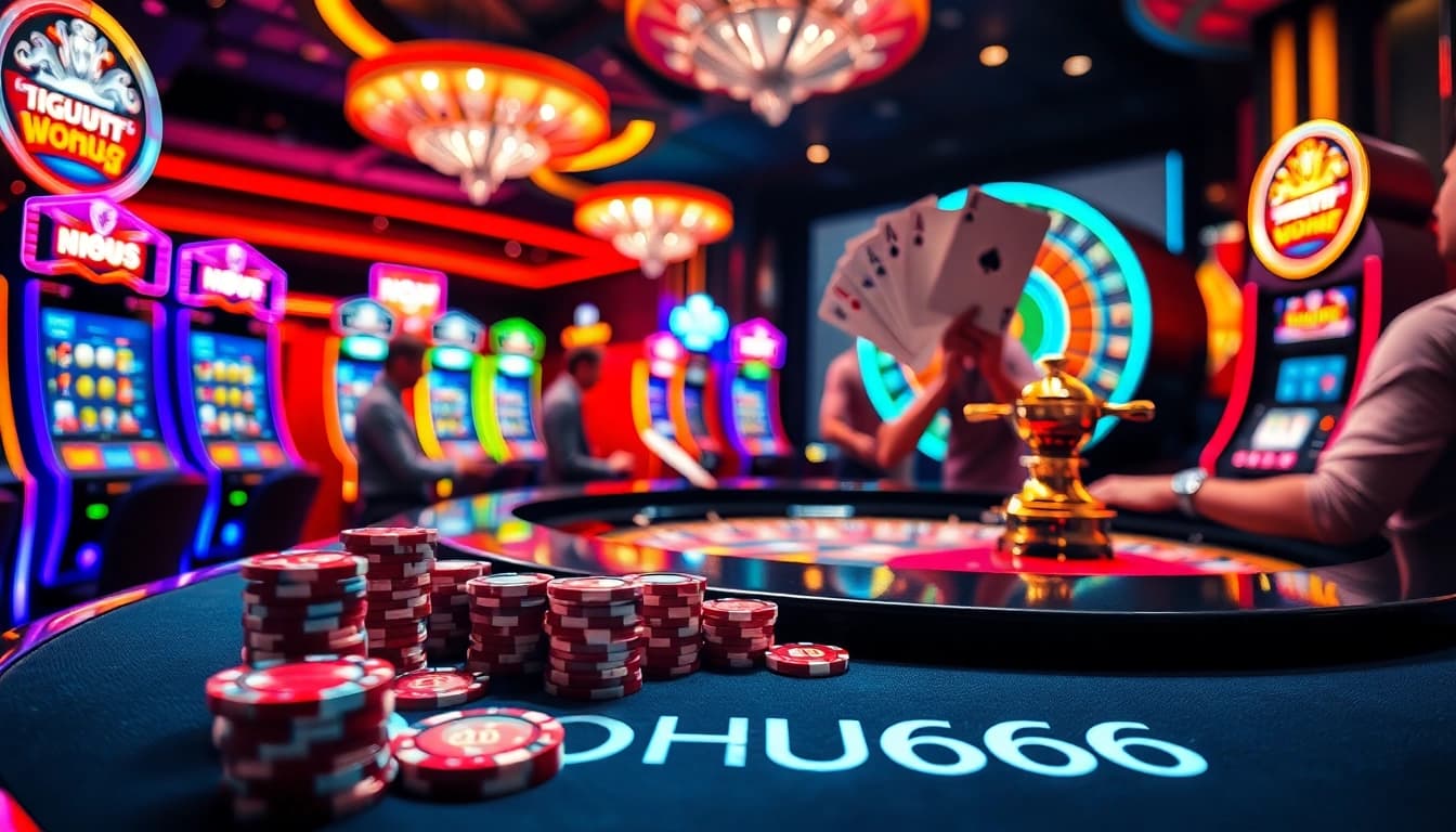 Players enjoying high-stakes games at the luxurious NOHU666 casino, with vibrant slots and poker chips.